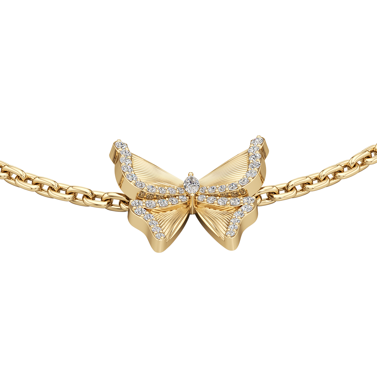 Gold butterfly necklace with diamonds on a white background