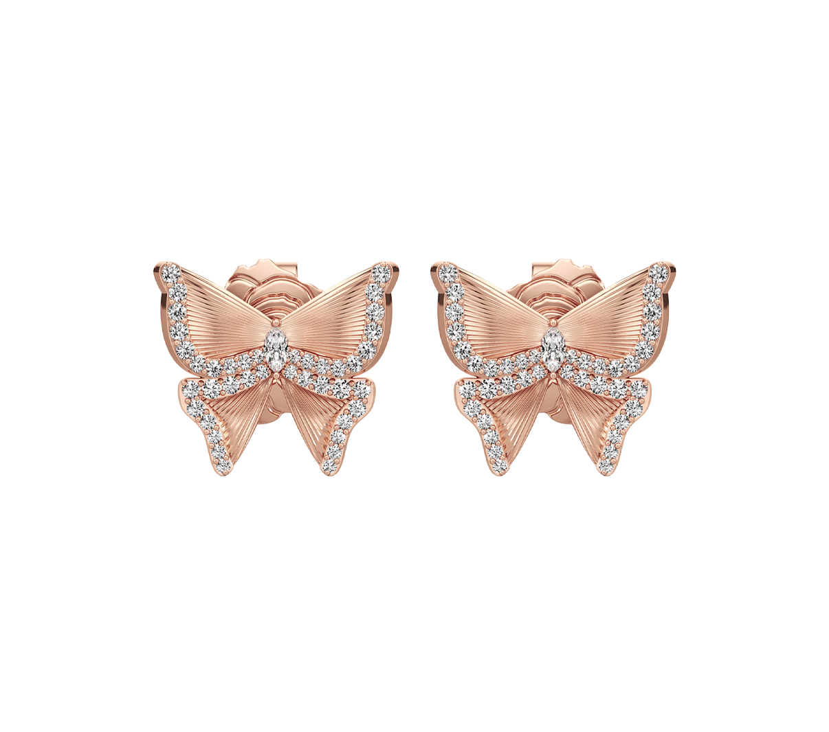 Rose gold butterfly earrings with diamond accents on a white background