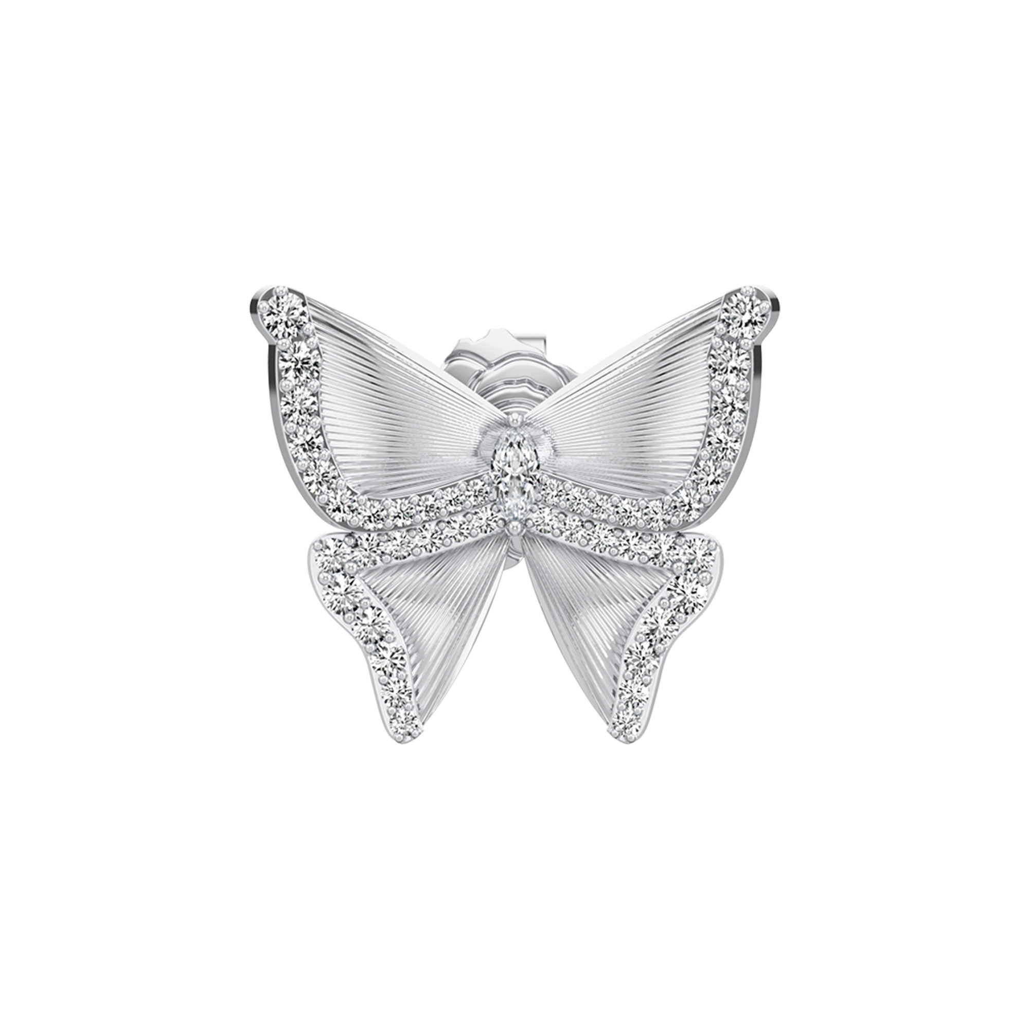 Silver butterfly earring with clear gemstones on a white background
