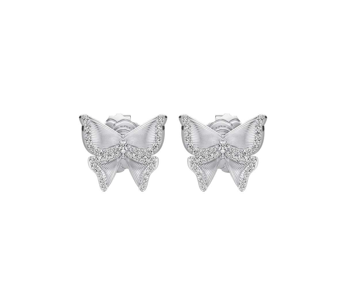 Butterfly-shaped silver earrings on a white background