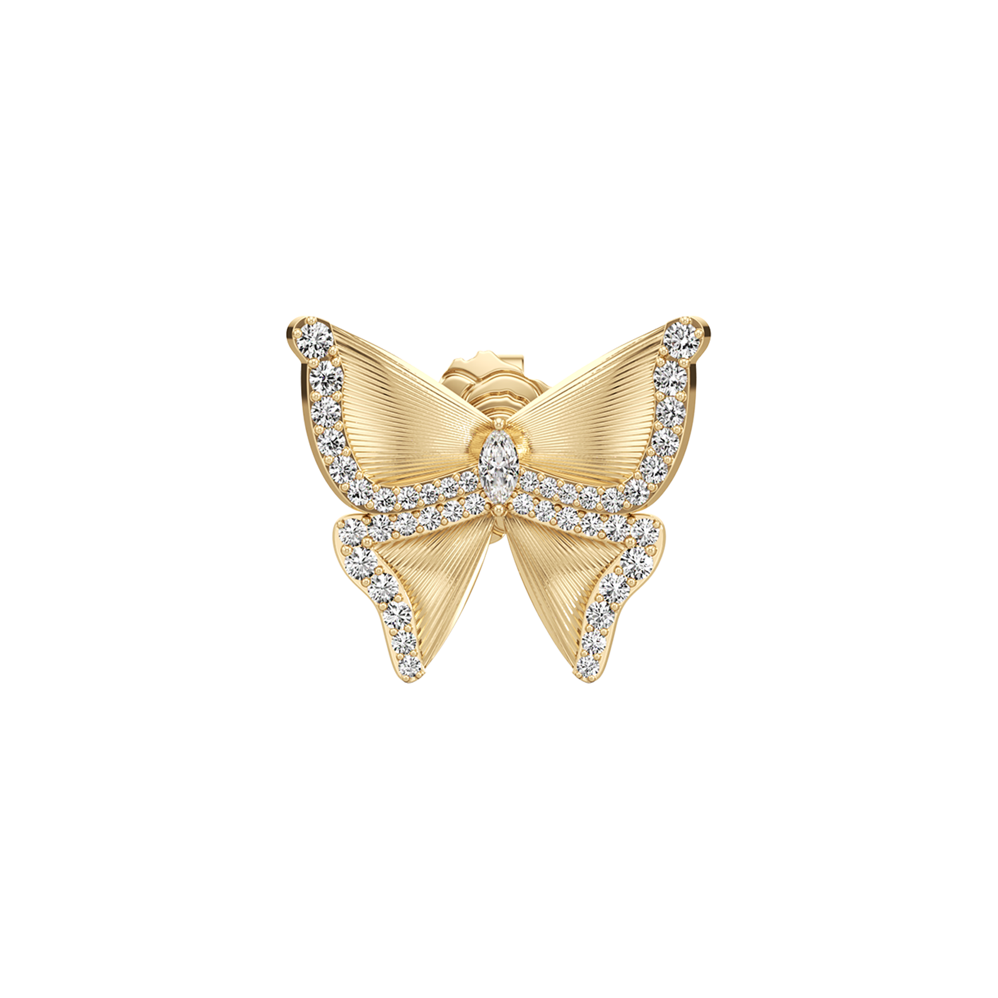 Gold butterfly-shaped jewelry piece with embedded crystals on a white background