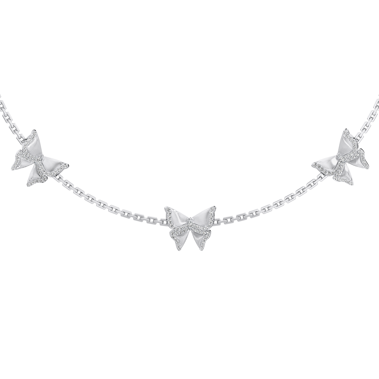 Silver butterfly necklace on a white background