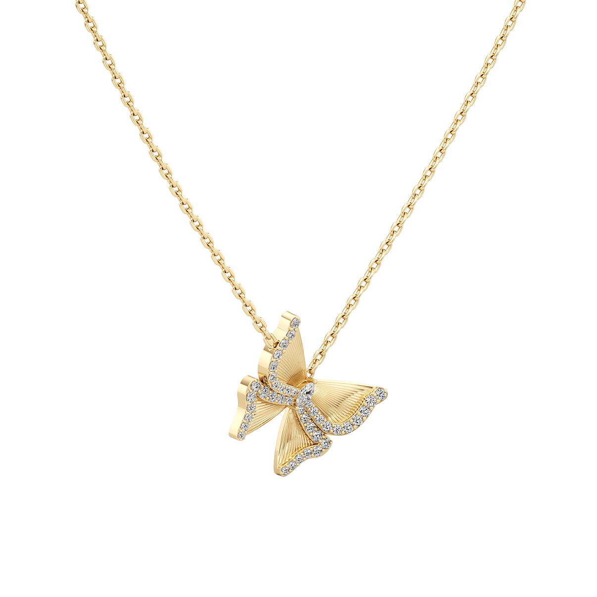 Gold butterfly necklace on a white background