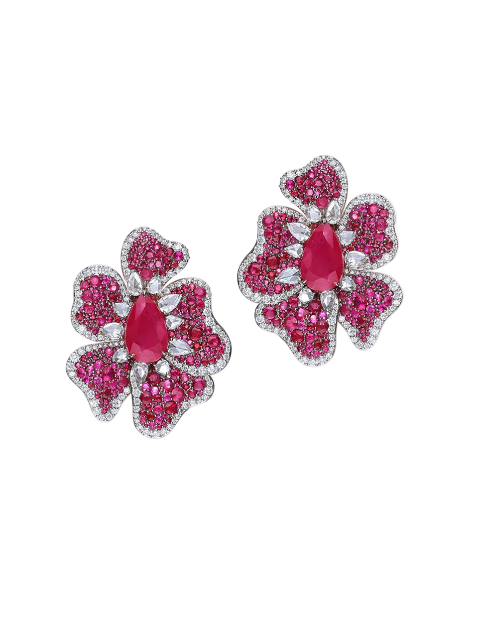 Pair of pink floral earrings with gemstone, made with ruby and natural diamond.