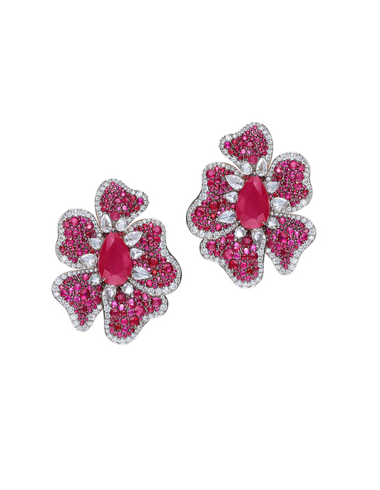 Pair of pink floral earrings with gemstone, made with ruby and natural diamond.