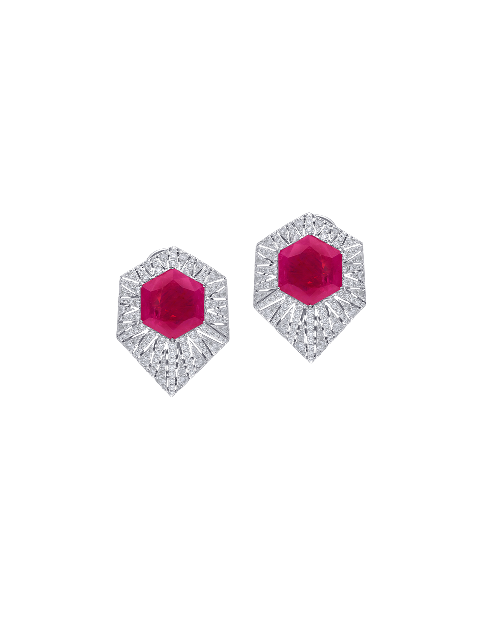 Pair of earrings with ruby gemstones and diamond-studded halo on