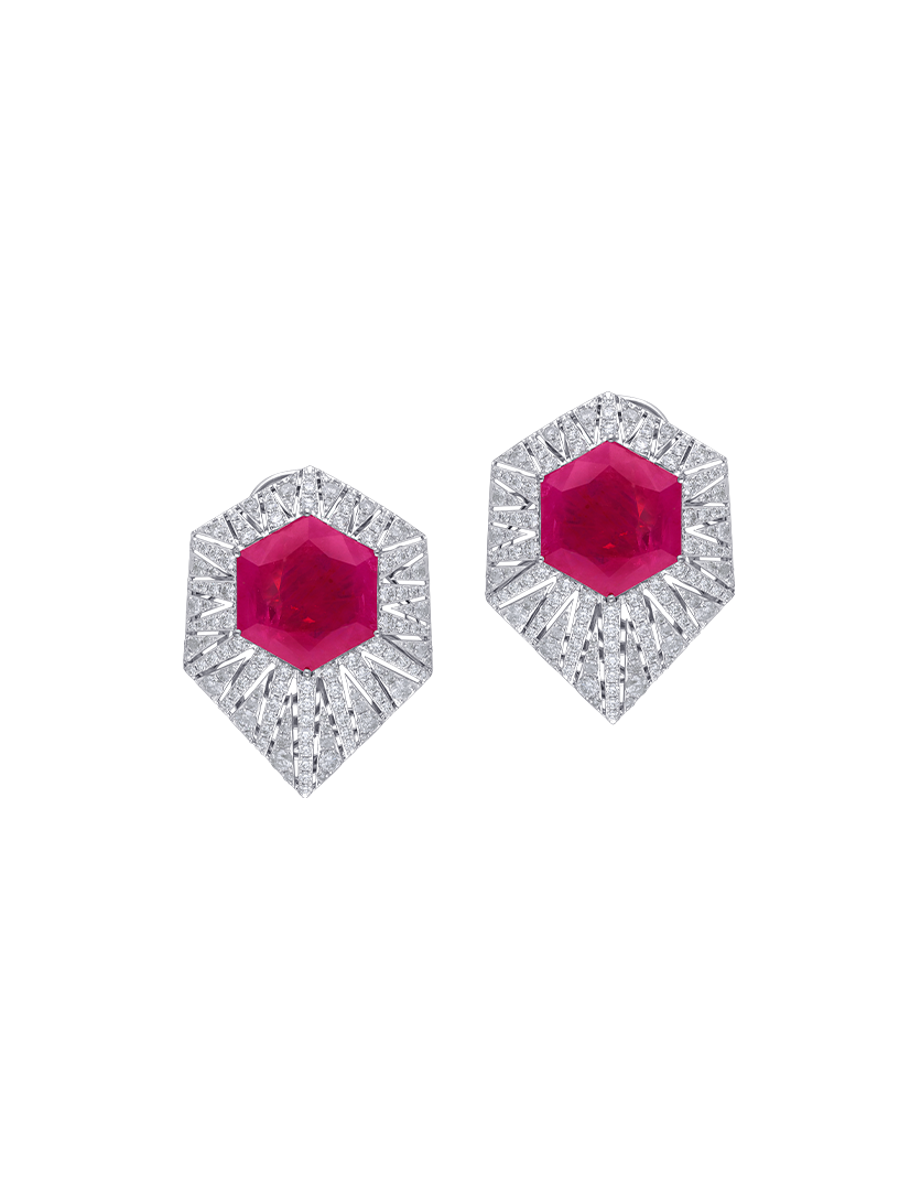Pair of earrings with ruby gemstones and diamond-studded halo on