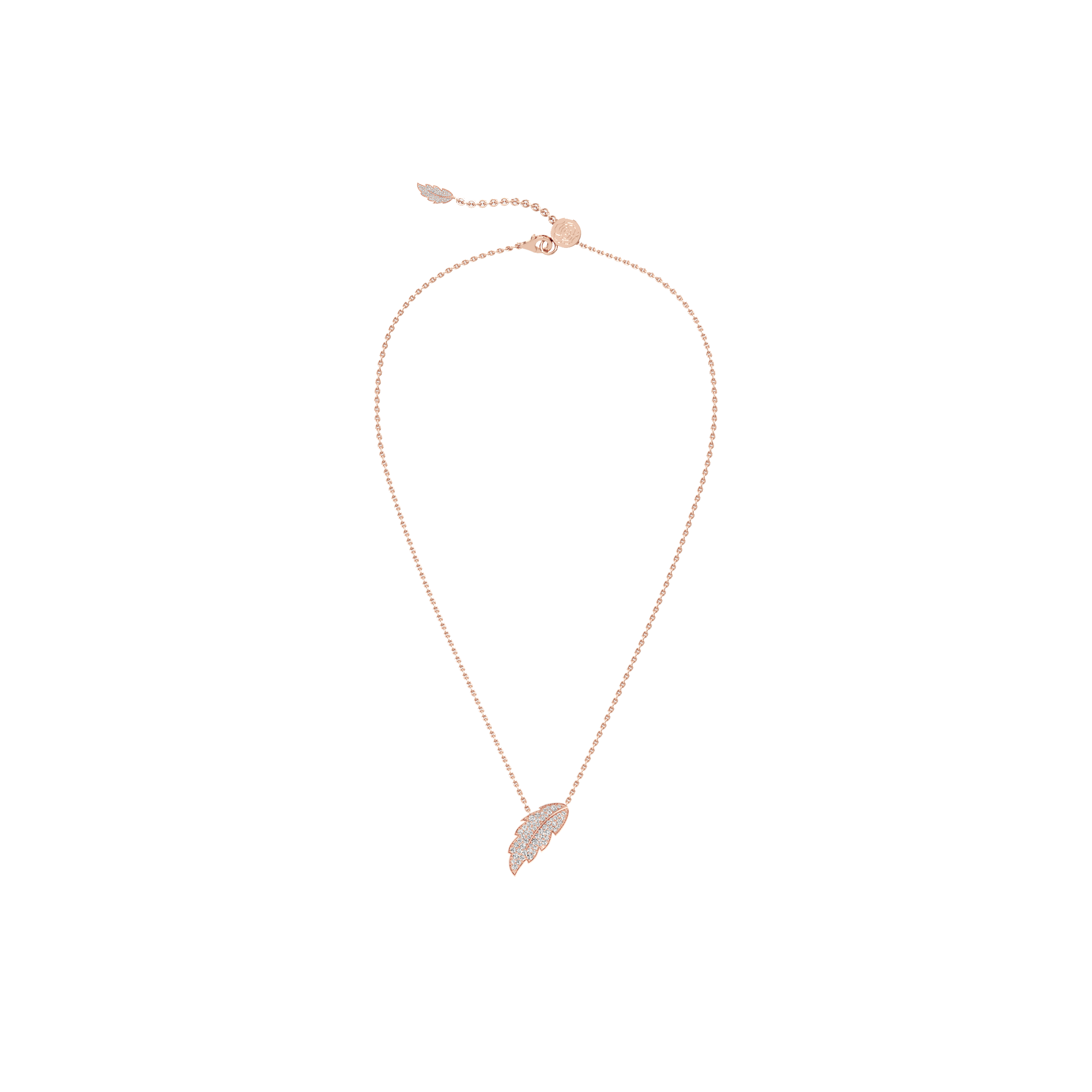 Rose gold feather-shaped pendant necklace on a white background