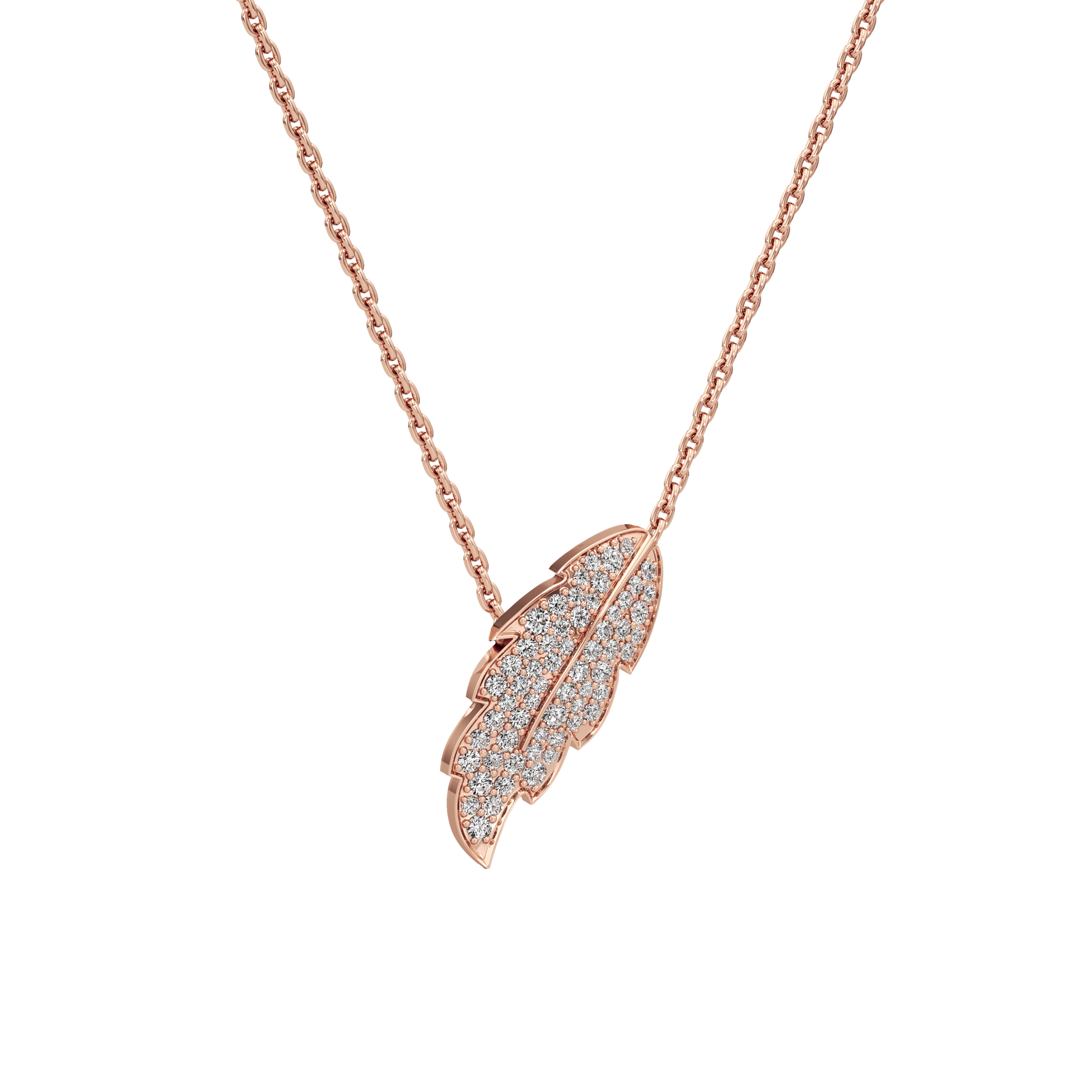Rose gold feather-shaped pendant necklace on a white background