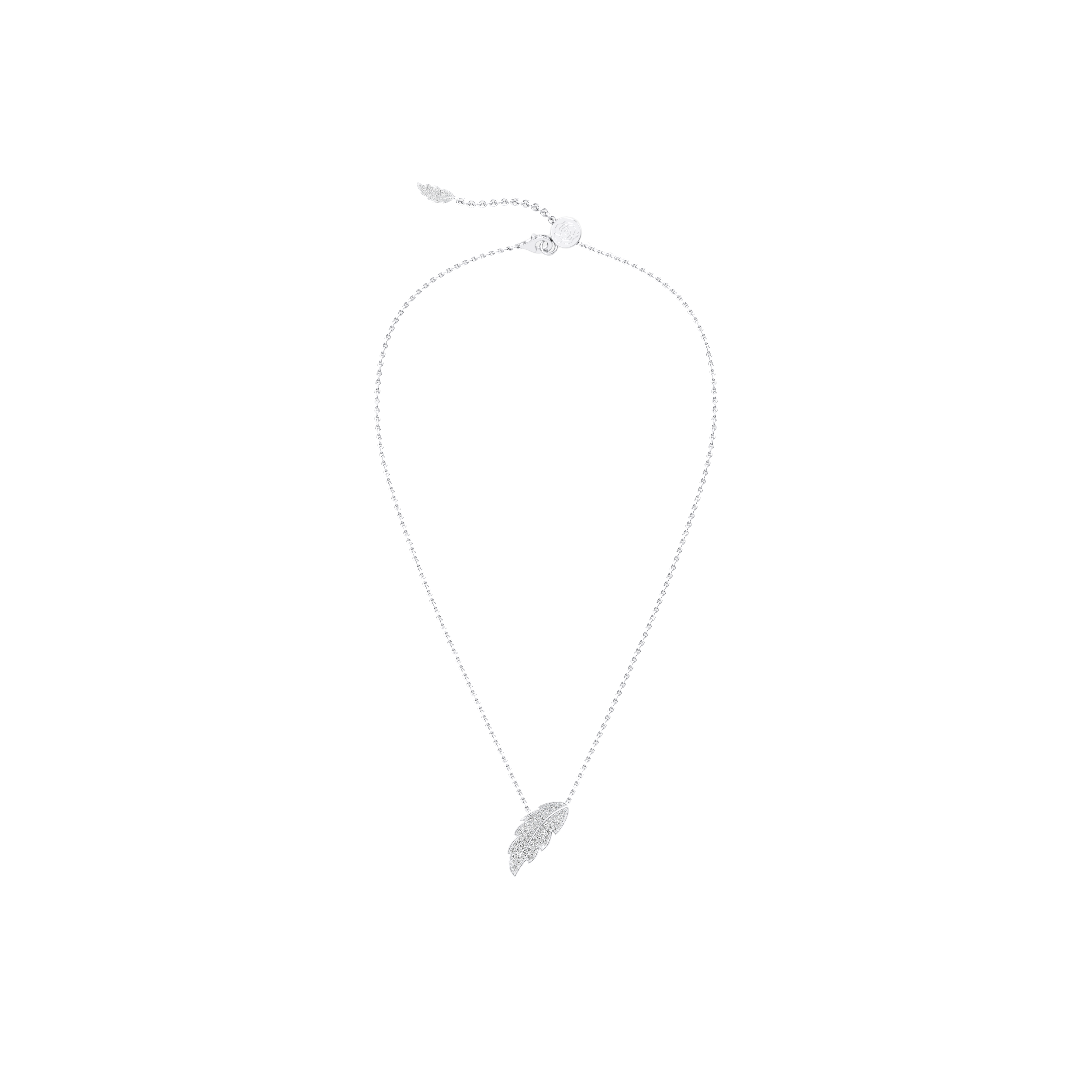 Silver feather pendant necklace on a white background