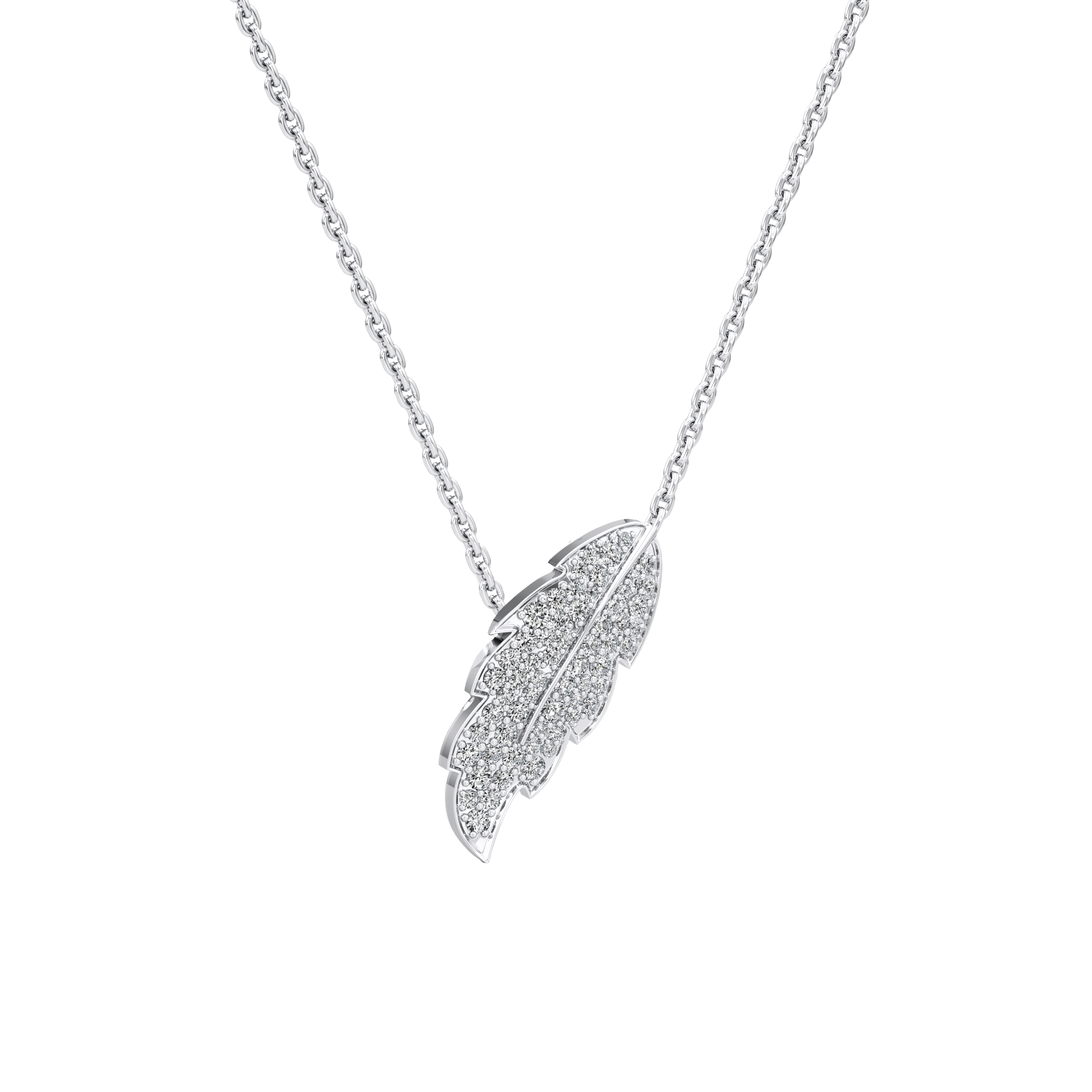 Silver feather-shaped pendant on a chain against a white background