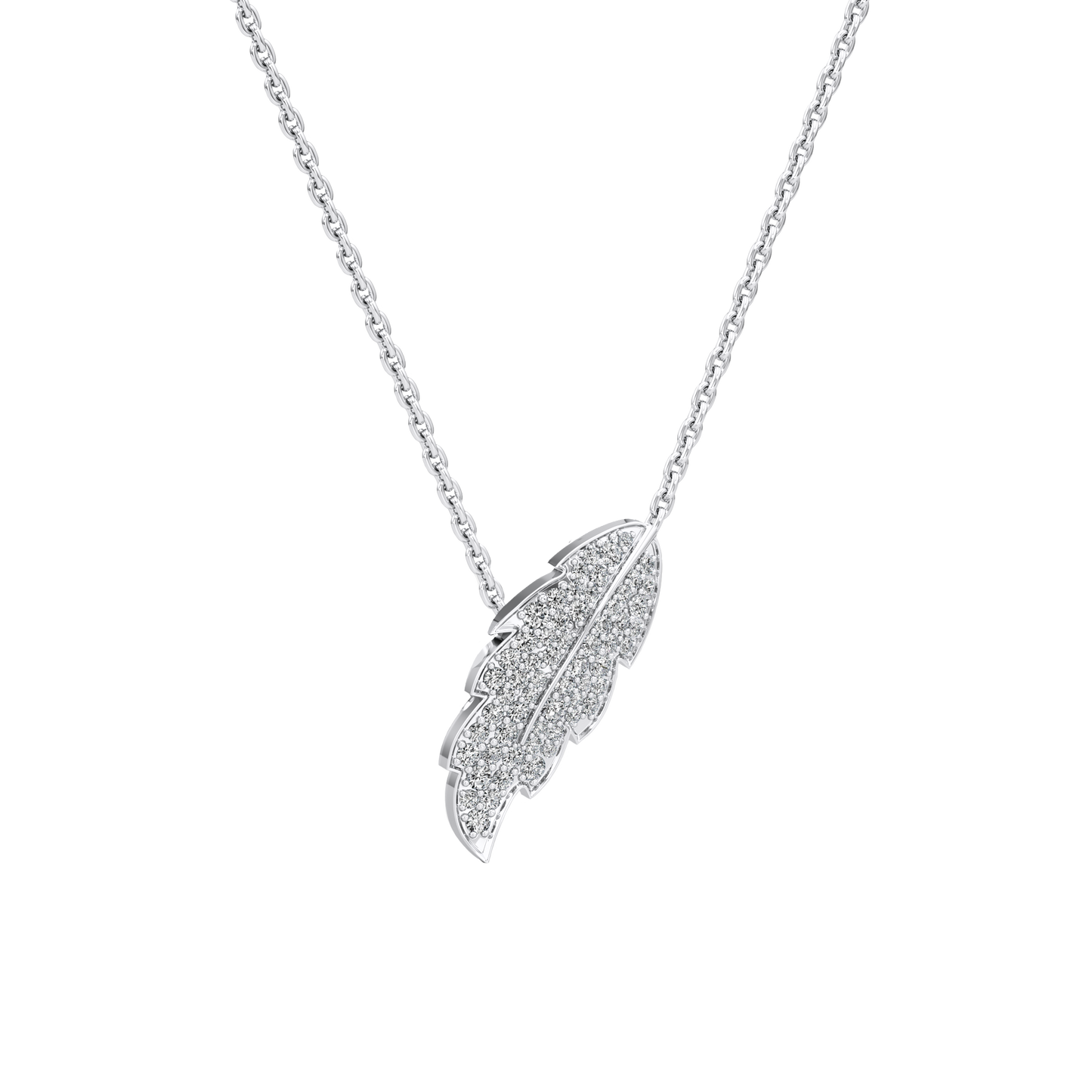 Silver feather-shaped pendant on a chain against a white background