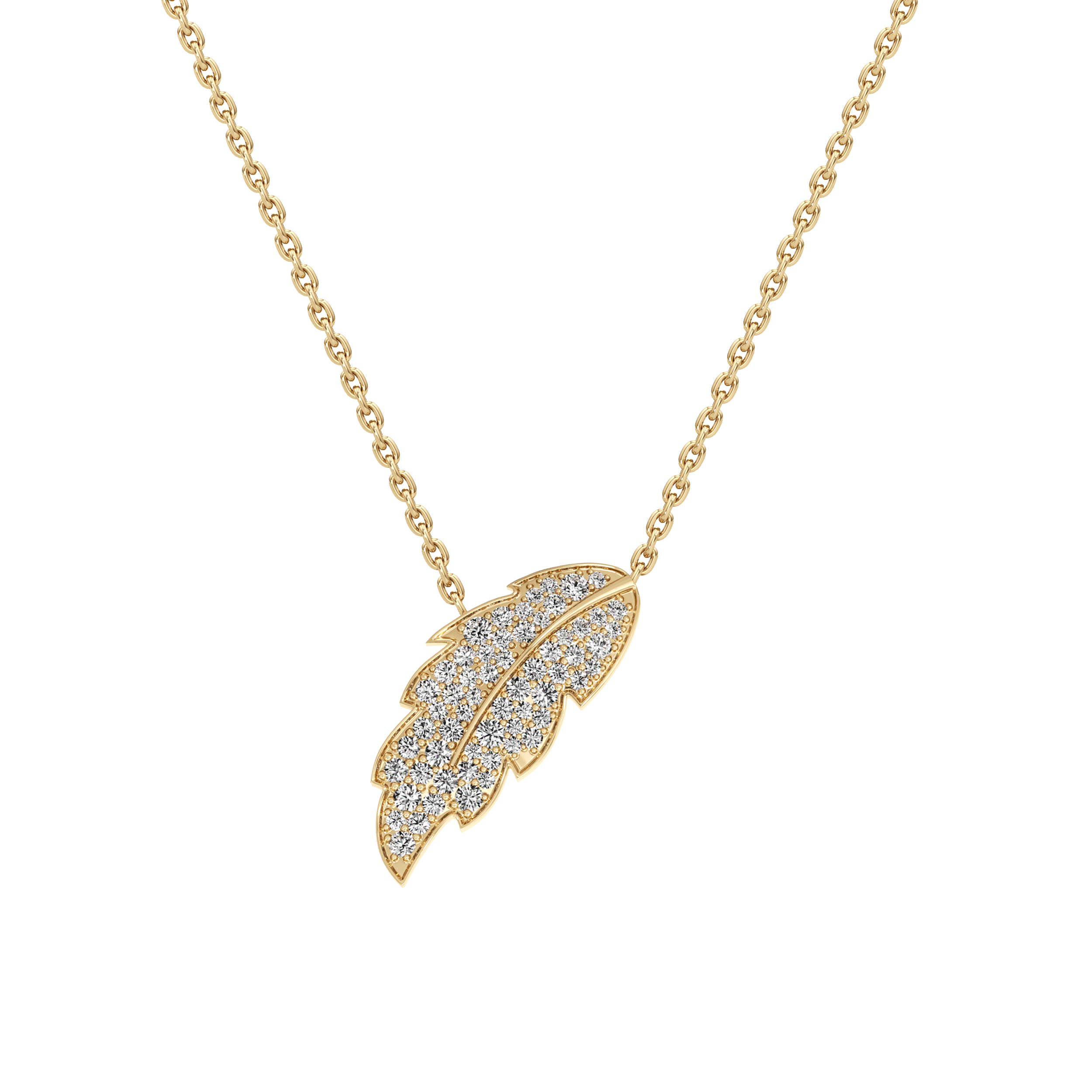 Gold necklace with a leaf-shaped pendant on a white background