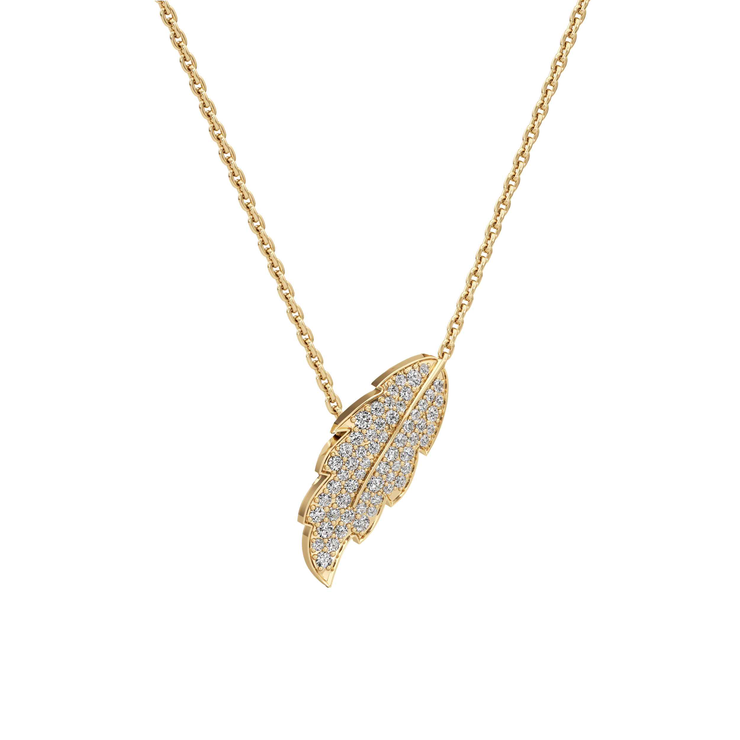 Gold necklace with a feather-shaped pendant on a white background