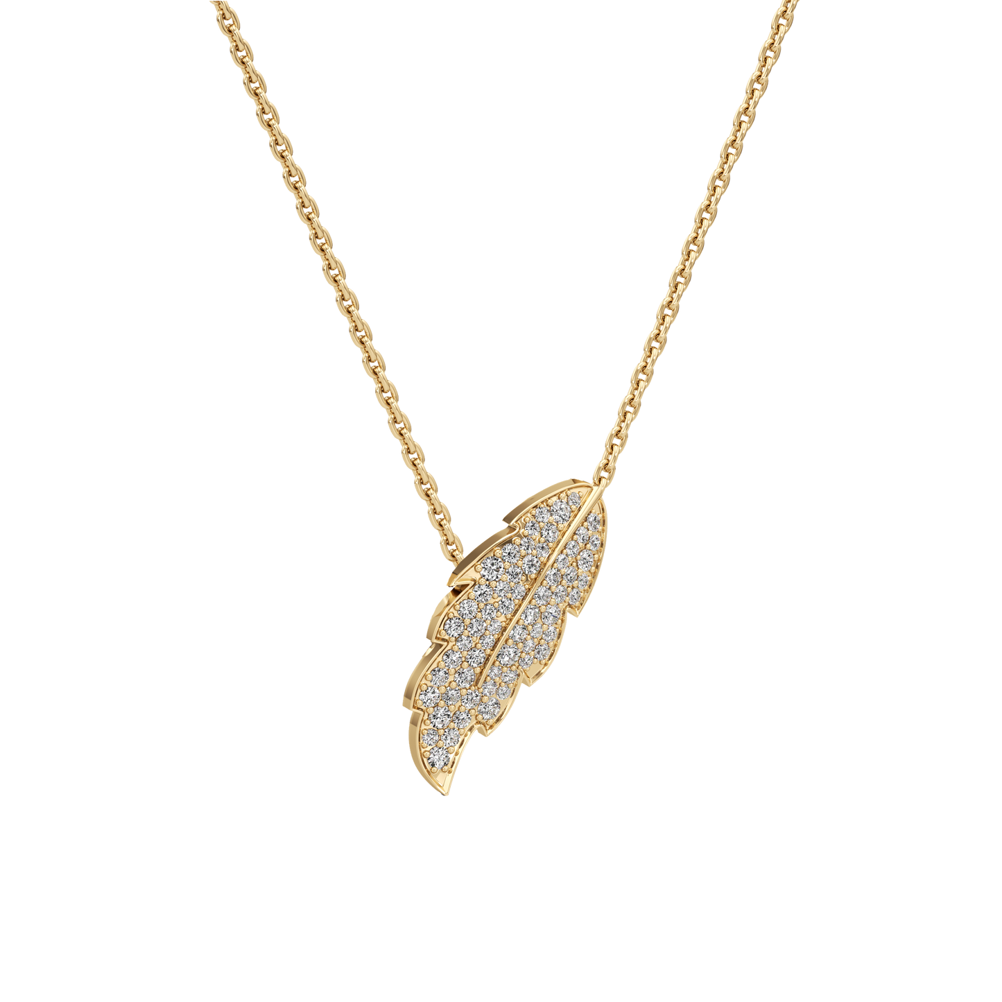 Gold necklace with a feather-shaped pendant on a white background