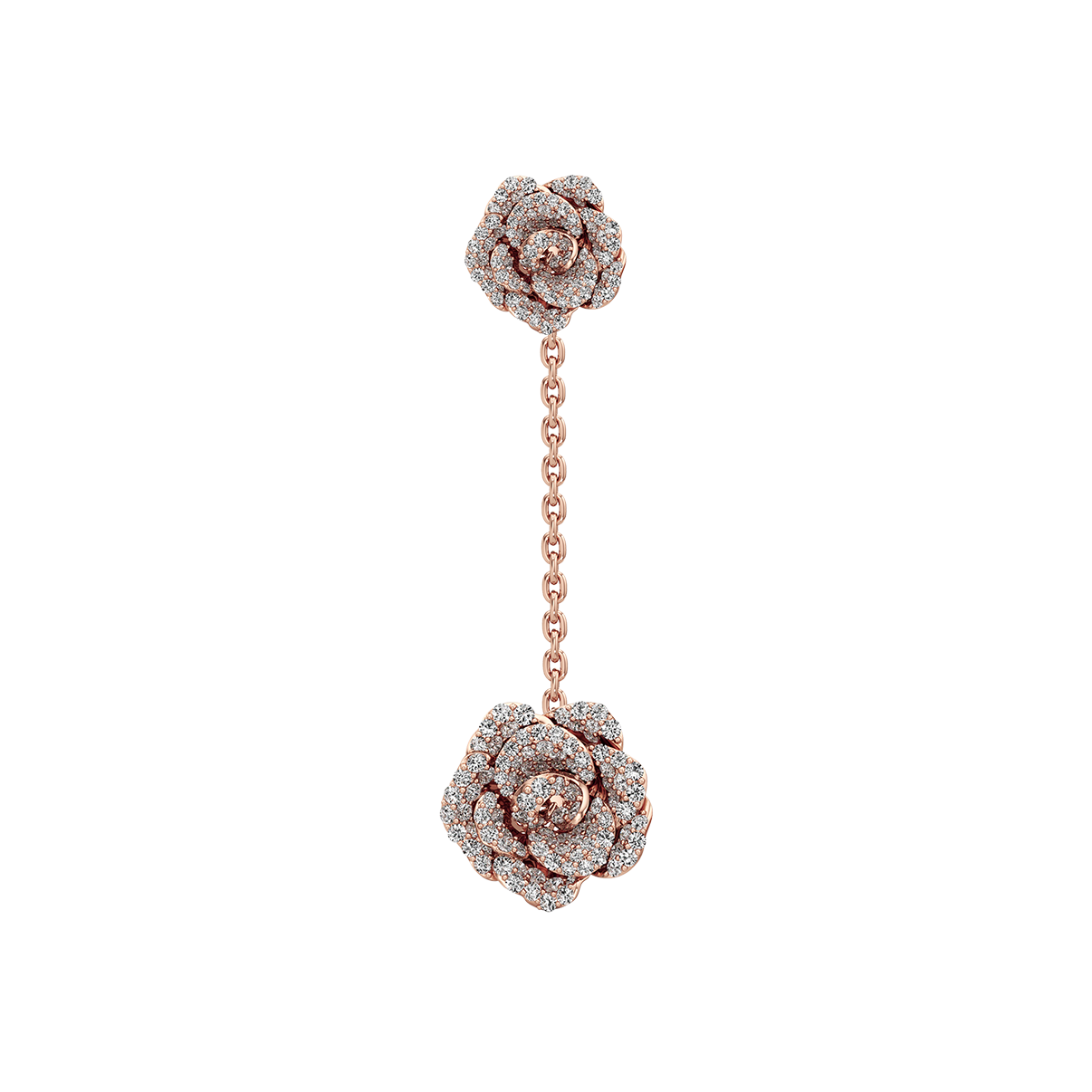 Rose gold earrings with diamond-studded floral design on a white background