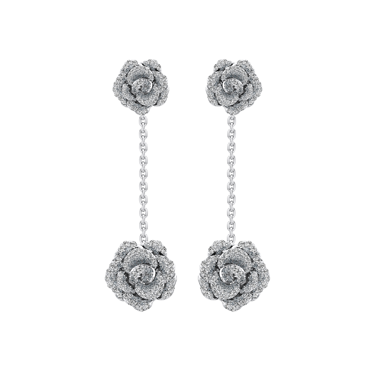 Silver rose-shaped earrings with chains on a white background