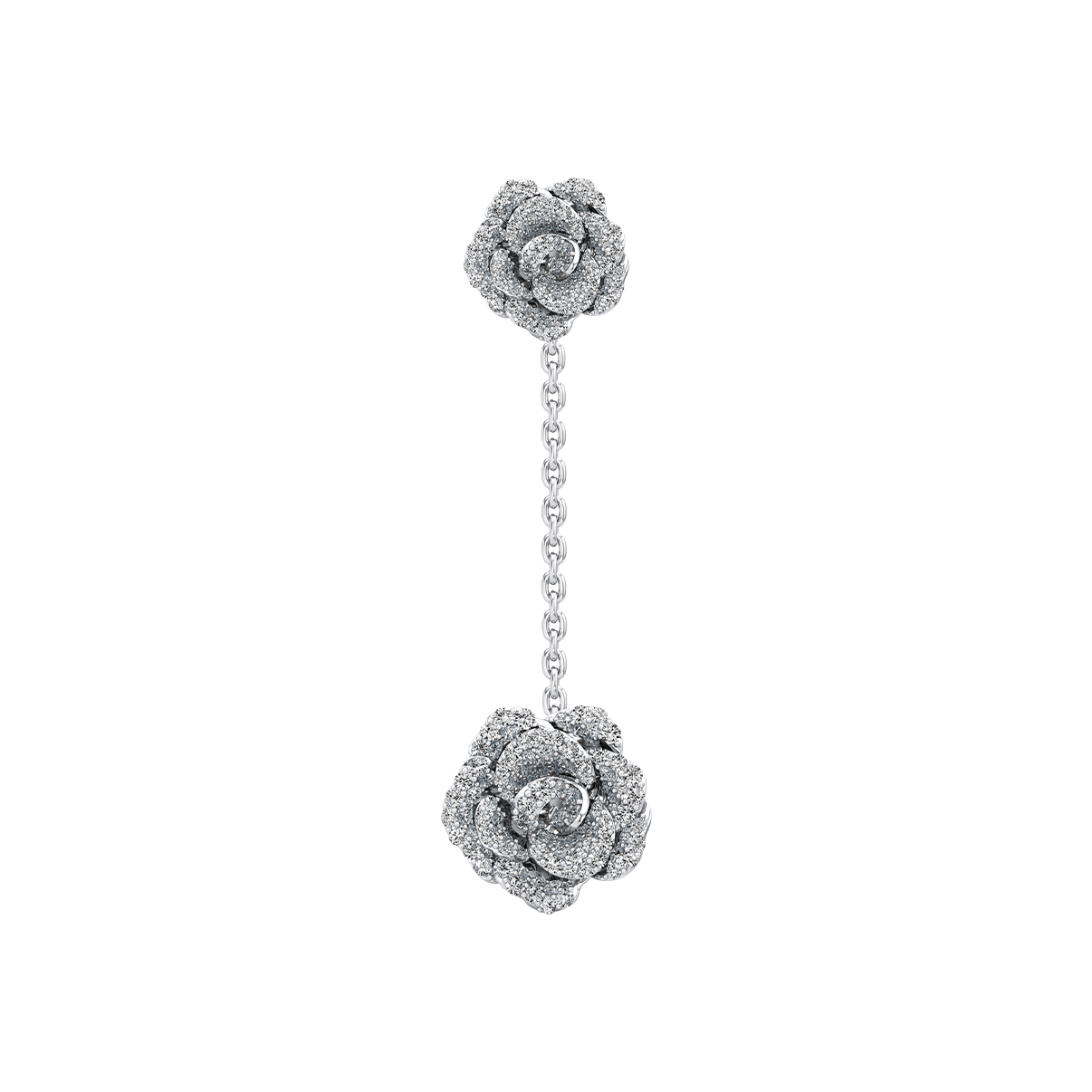 Pair of diamond rose earrings on a white background