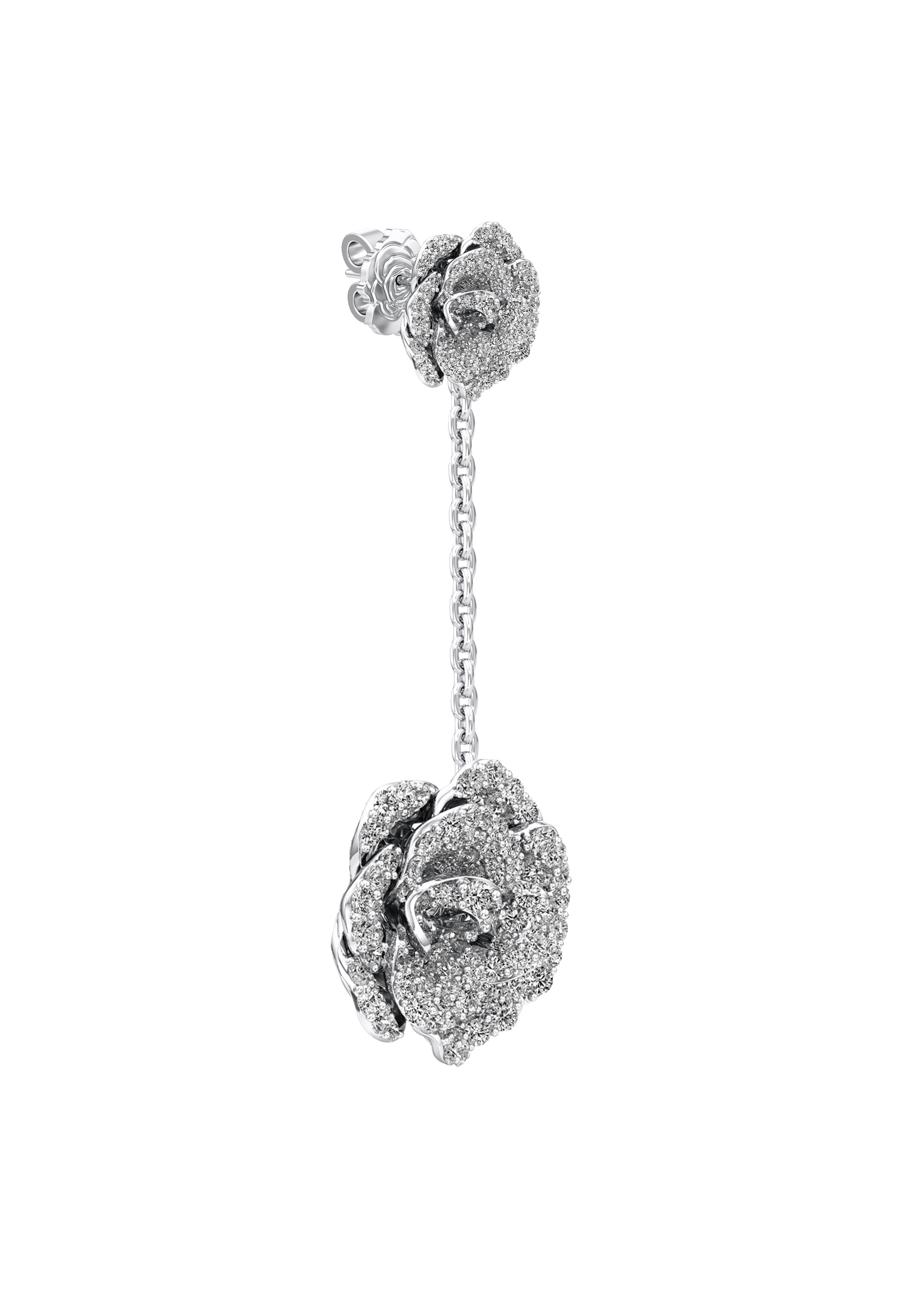 Pair of silver rose-shaped earrings on a white background