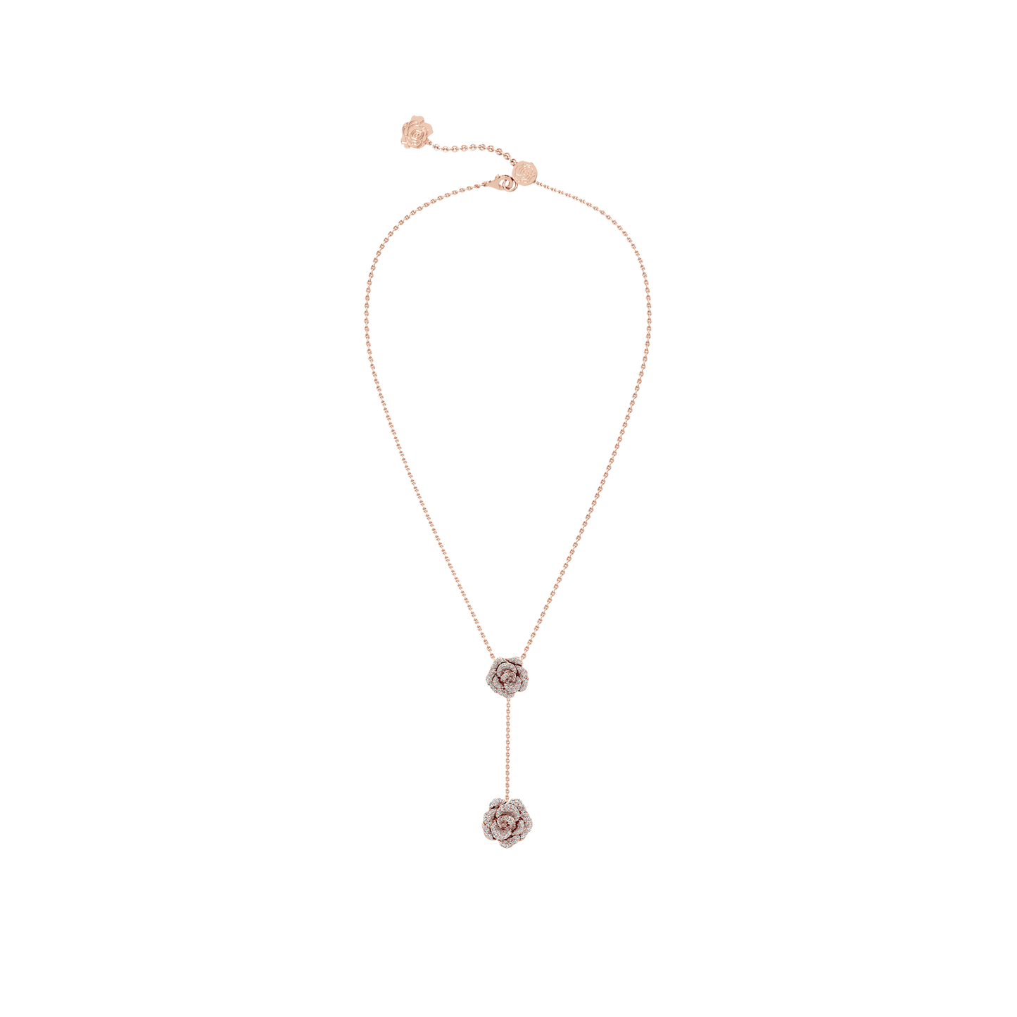 Rose gold necklace with floral pendants on a white background