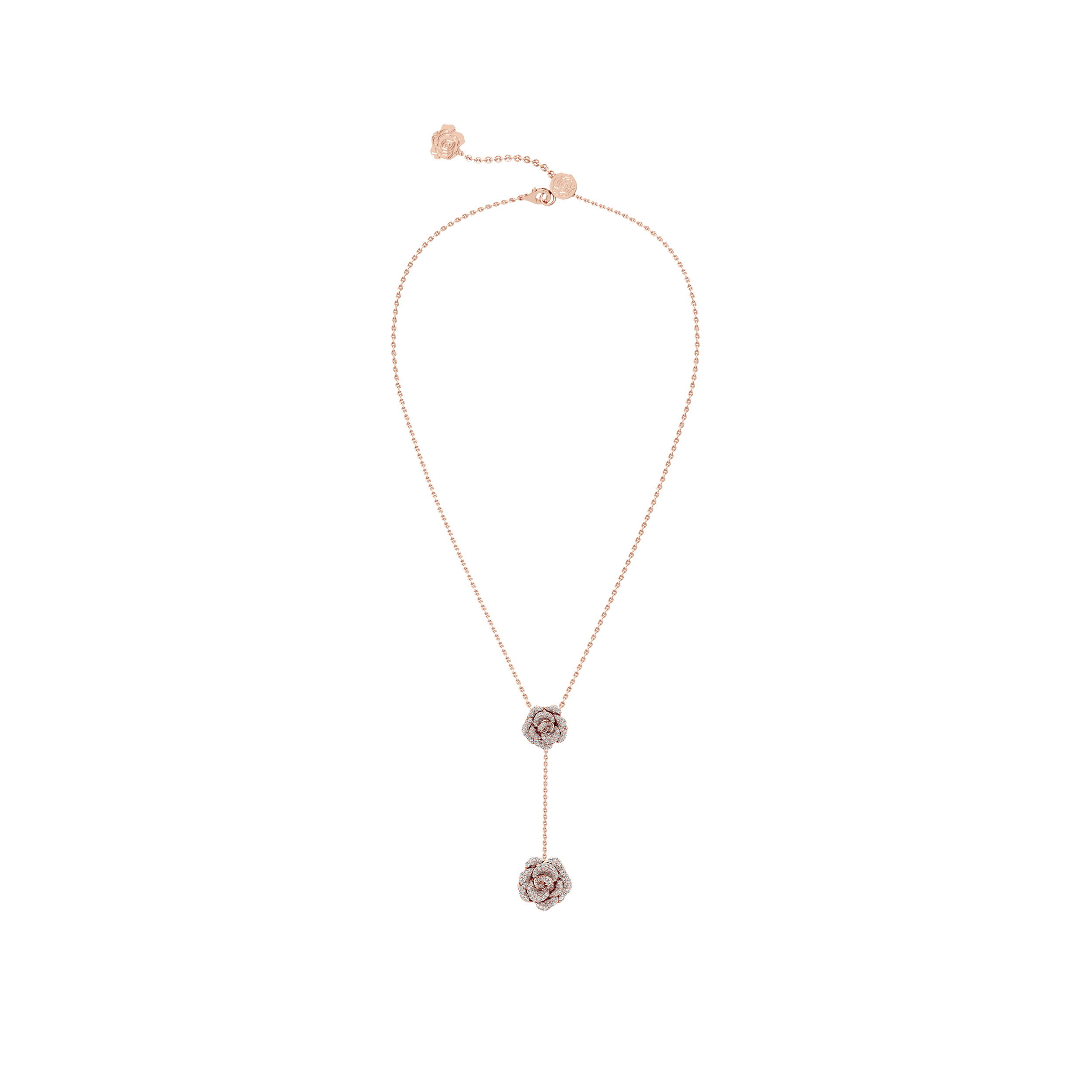 Rose gold necklace with floral pendants on a white background