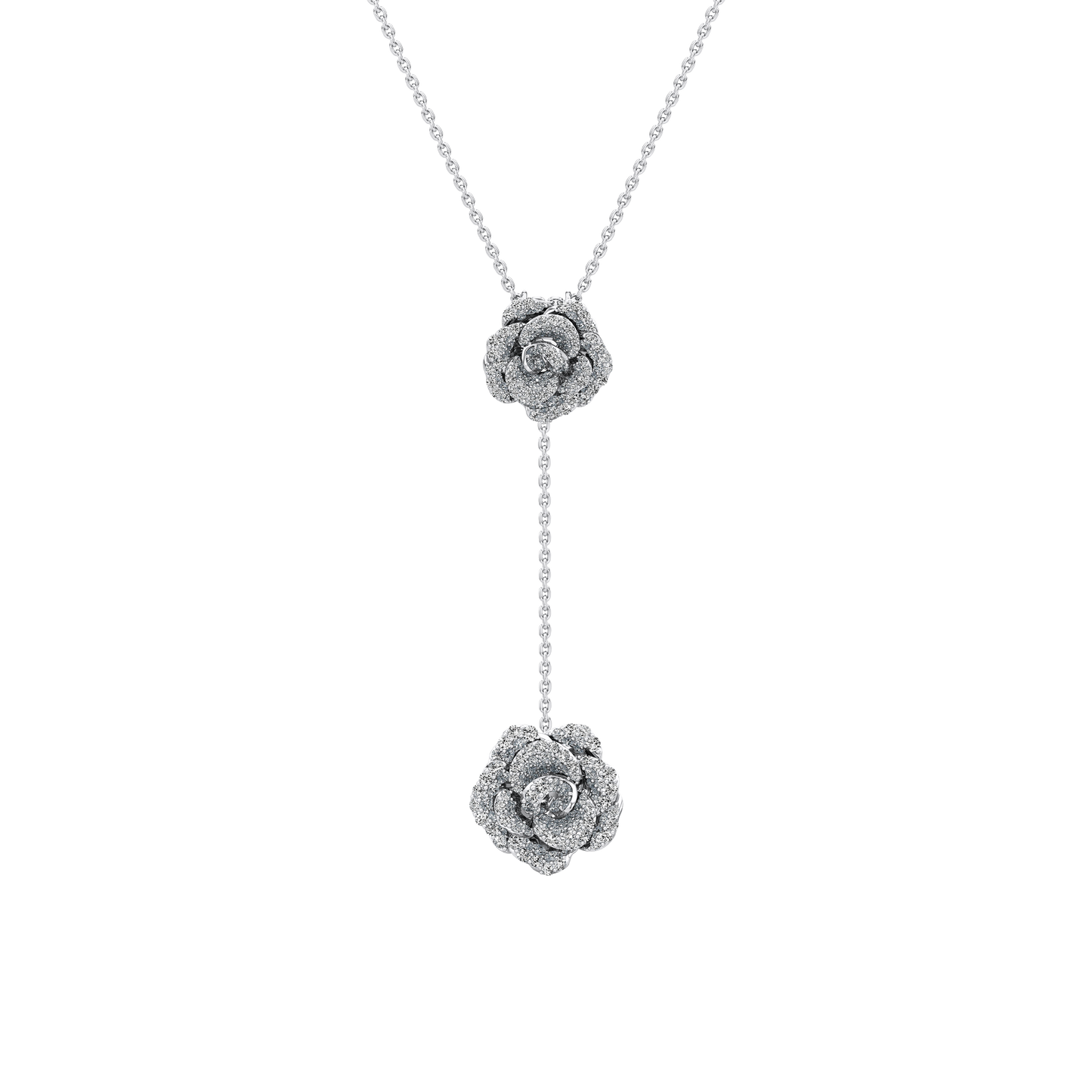 Silver necklace with floral pendants on a white background