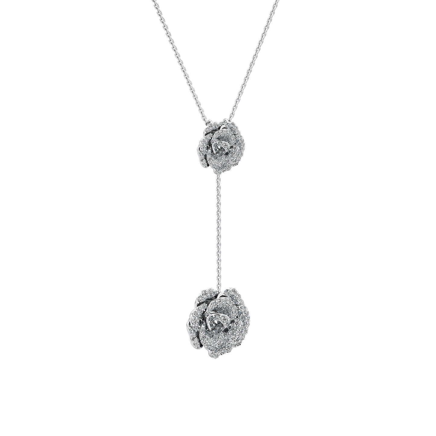 Silver necklace with rose-shaped pendants on a white background