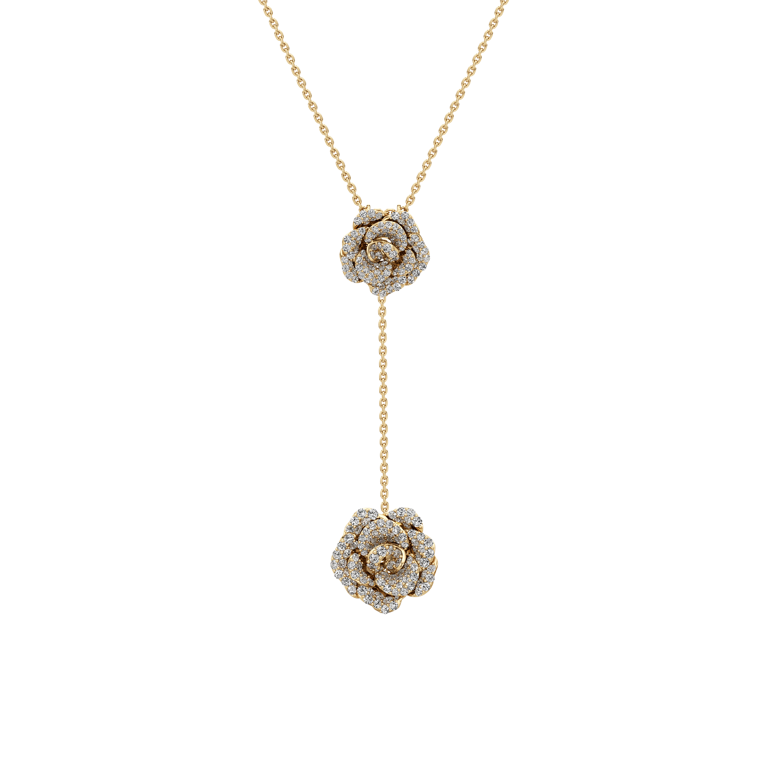 Gold necklace with diamond flower pendants on a white background