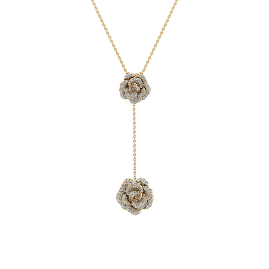 Gold necklace with diamond flower pendants on a white background
