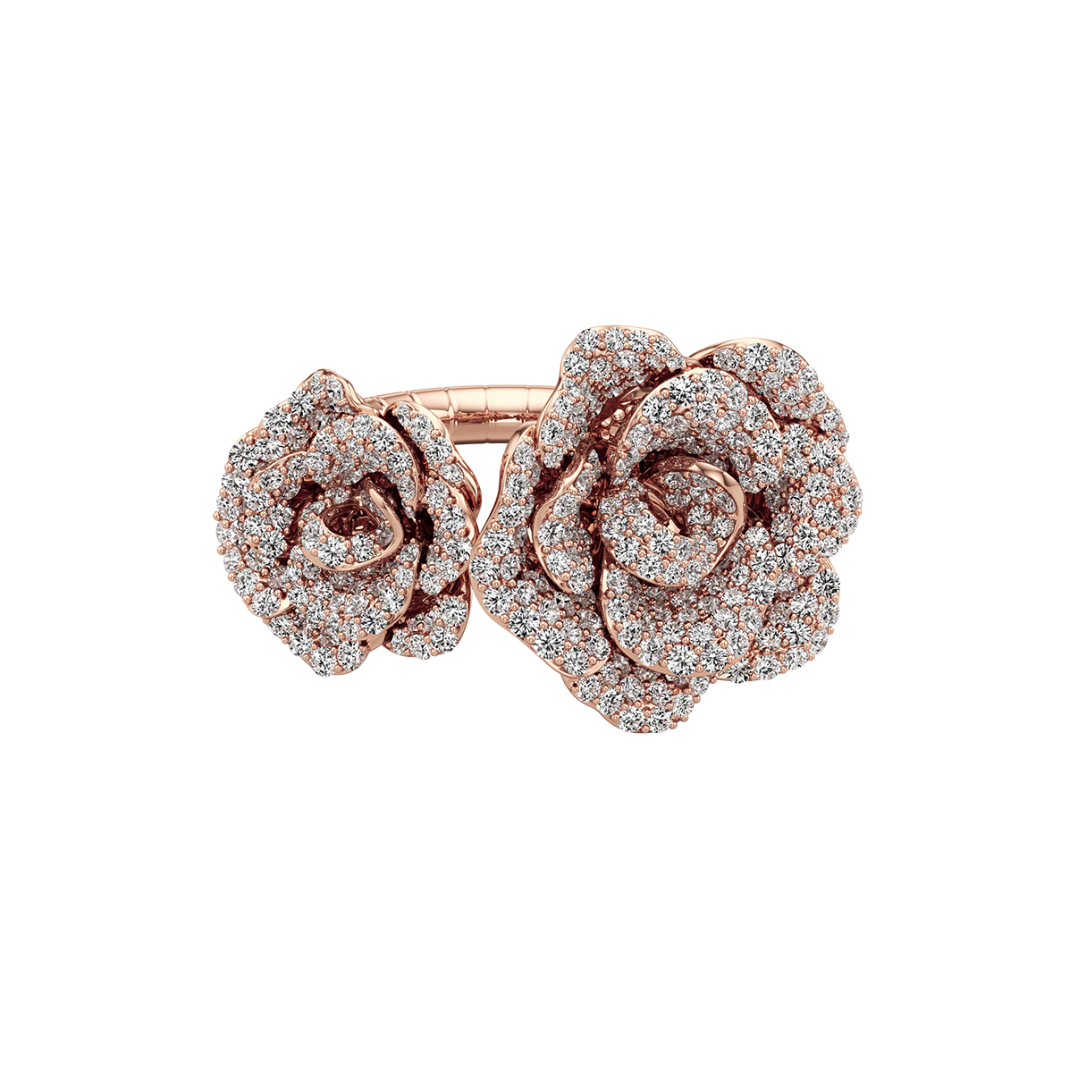 Rose gold rose-shaped earrings with diamond accents on a white background