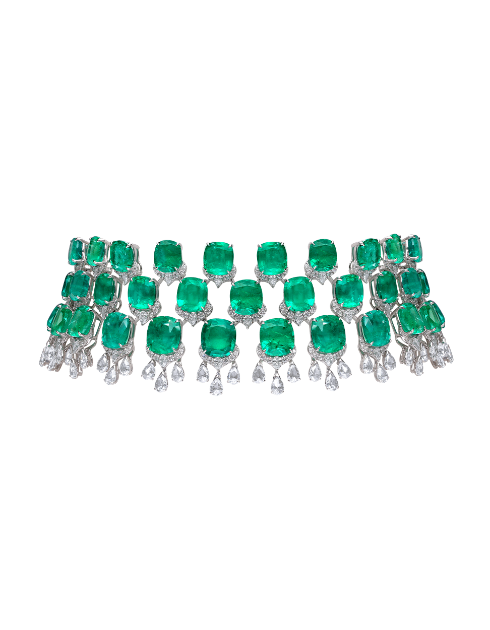 Emerald and diamond bracelet on a white background