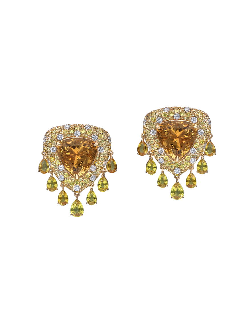 Pair of gold earrings with heart-shaped sapphire gemstones