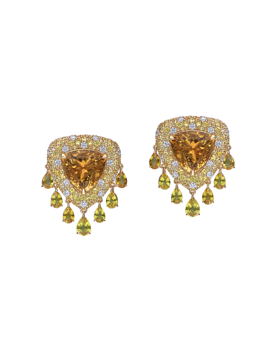 Pair of gold earrings with heart-shaped sapphire gemstones