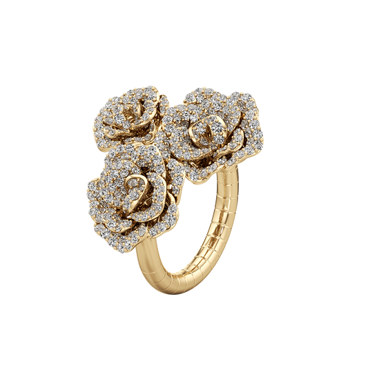 Gold ring with rose-shaped diamonds on a white background