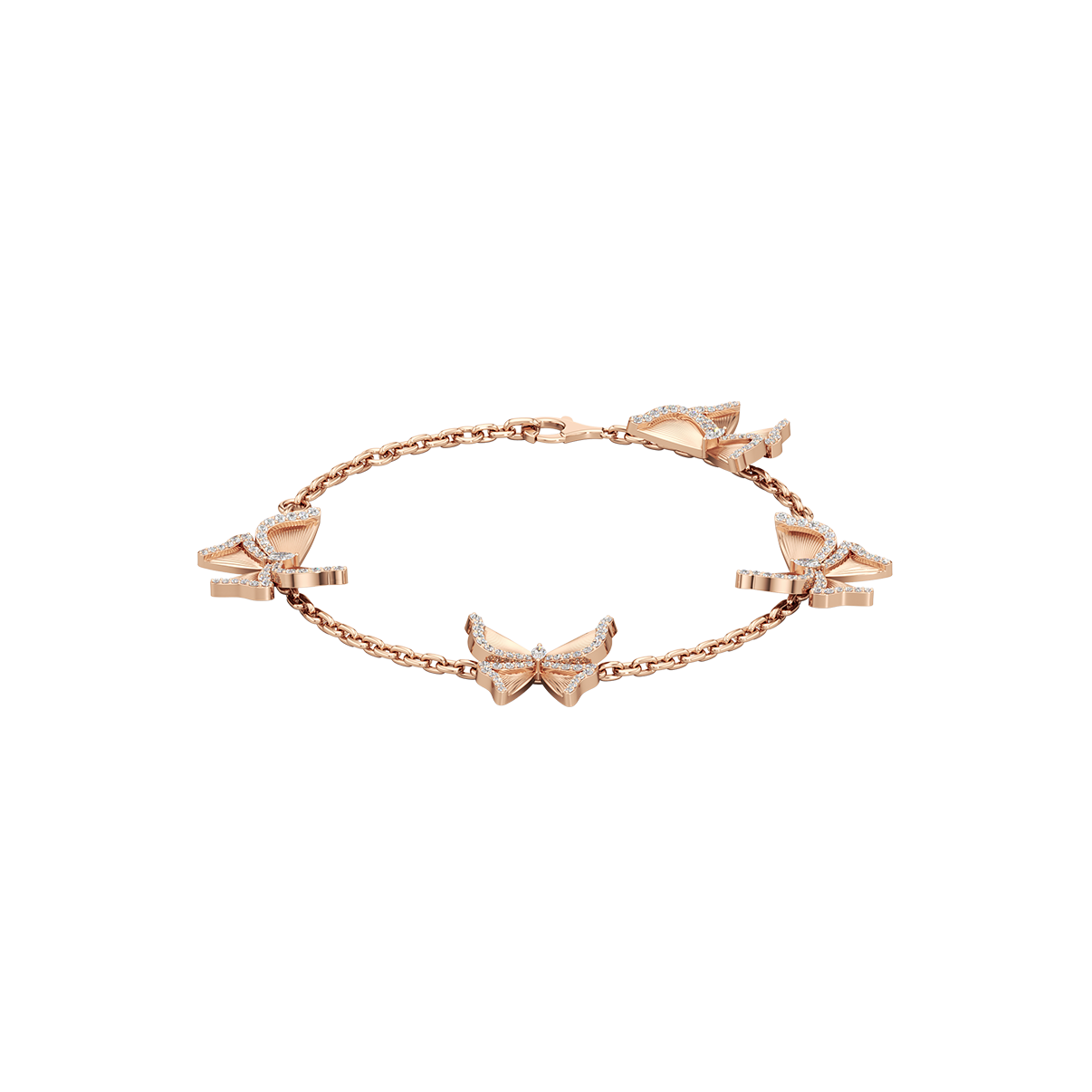 Rose gold bracelet with bow-shaped clasps on a white background