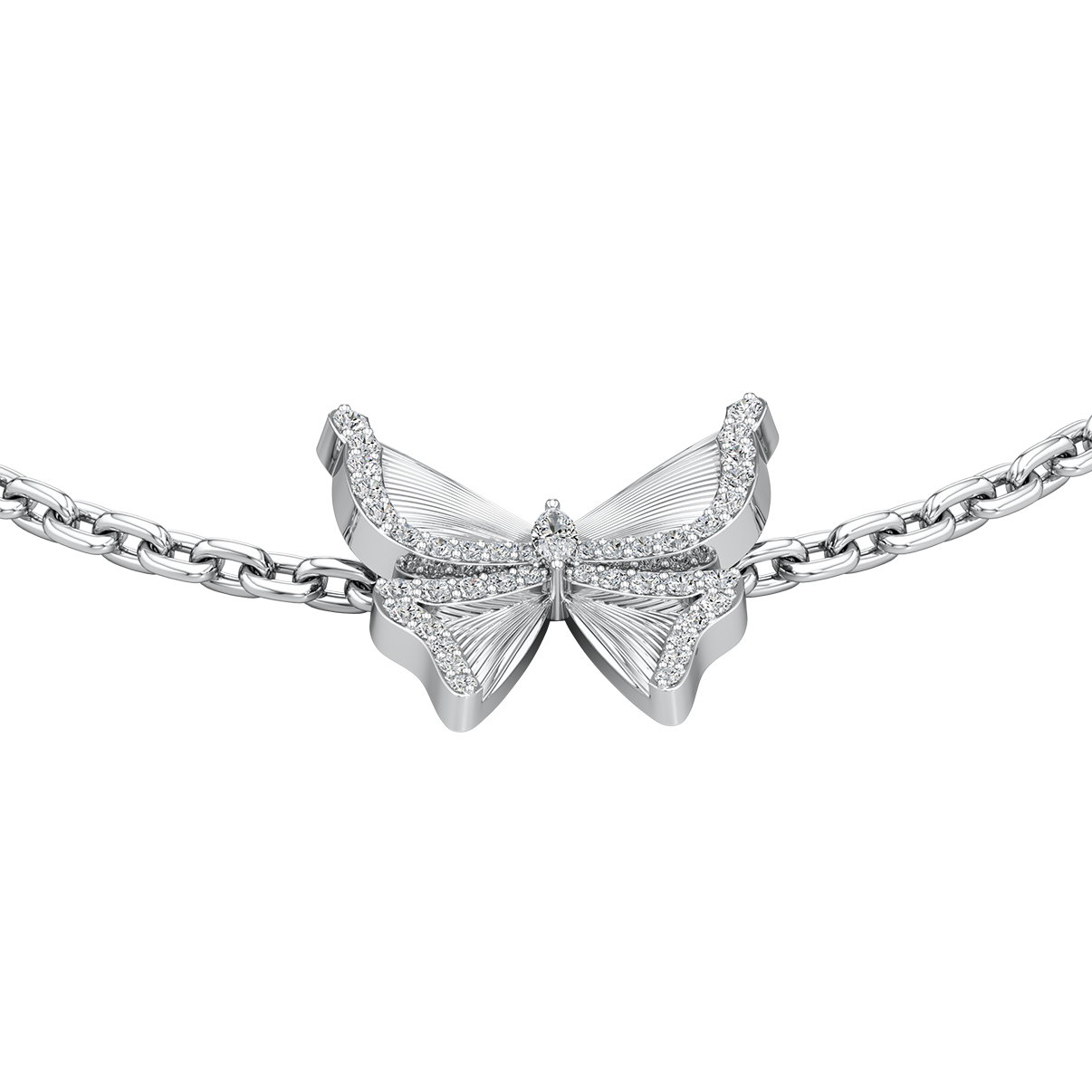 Silver butterfly bracelet on a white background