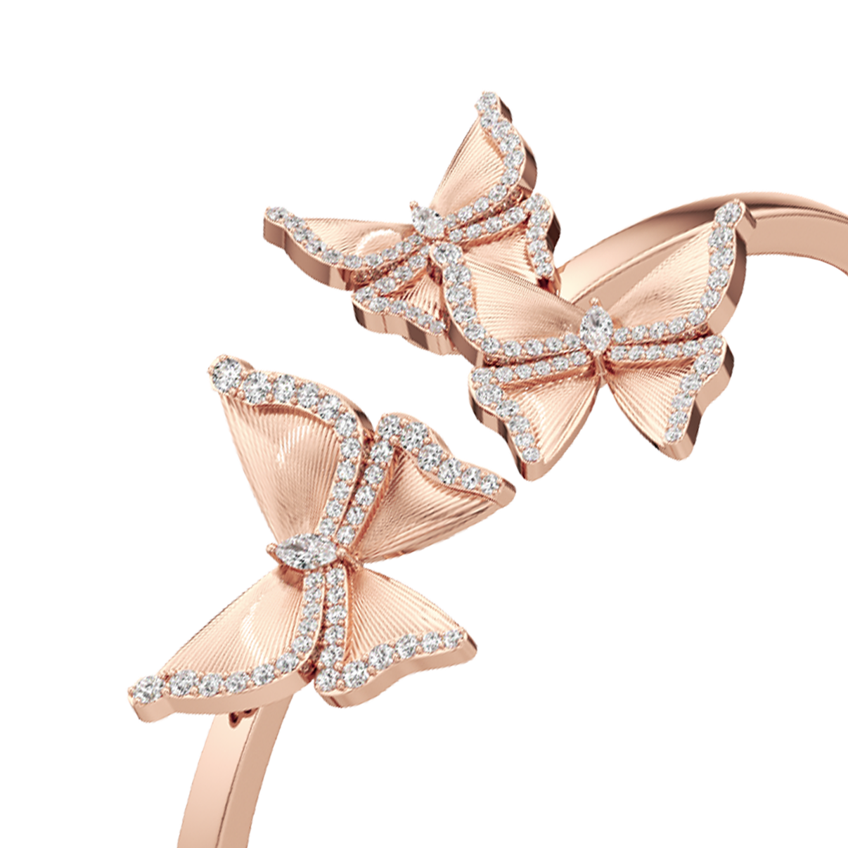 Rose gold bow-shaped earrings with clear gemstones on a white background