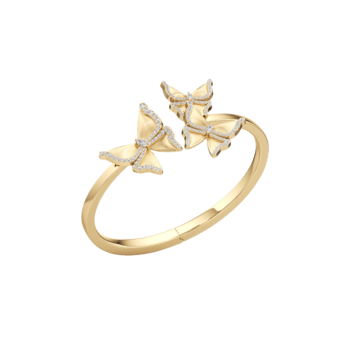 Gold ring with butterfly designs on a white background