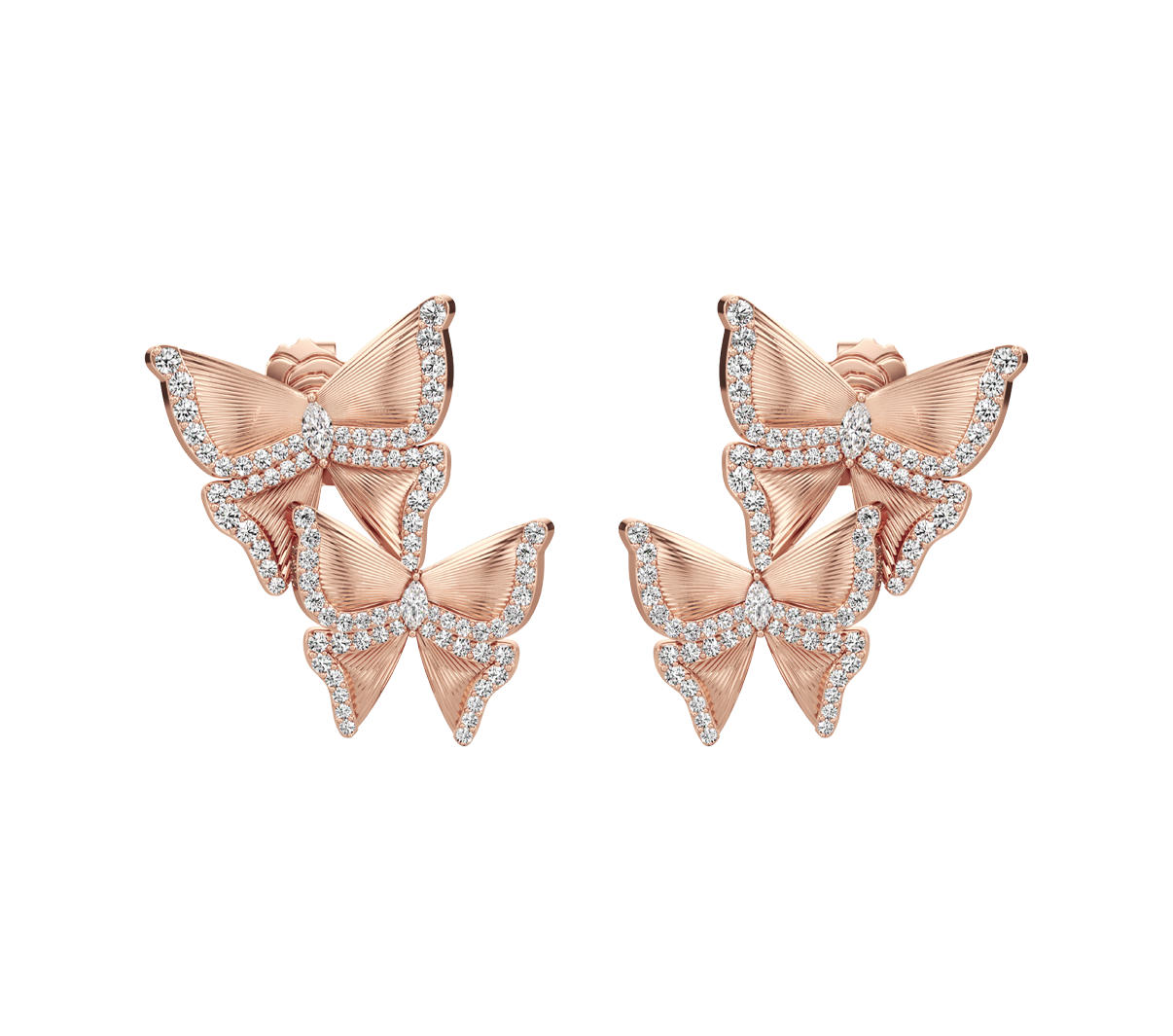 Rose gold butterfly earrings with diamond accents on a white background