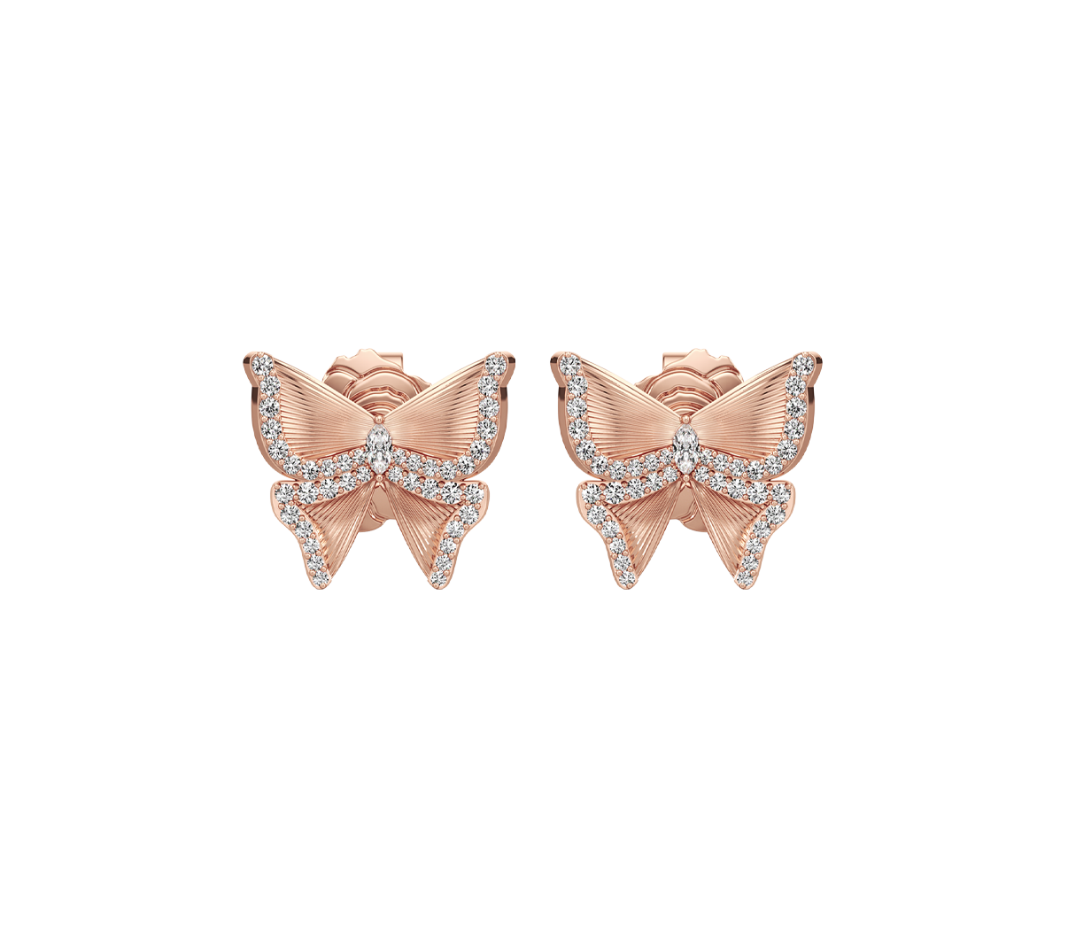 Rose gold butterfly earrings with diamond accents on a white background