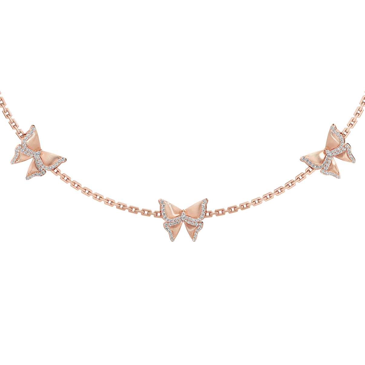 Rose gold necklace with butterfly pendants on a white background