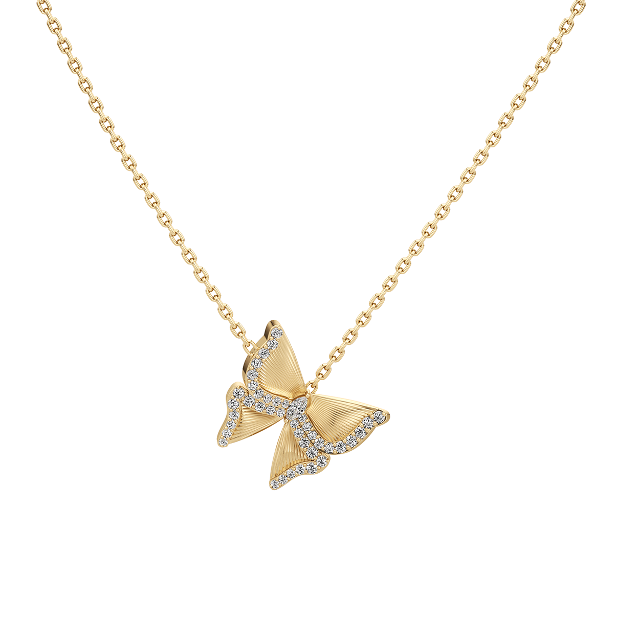 Gold butterfly necklace on a white background