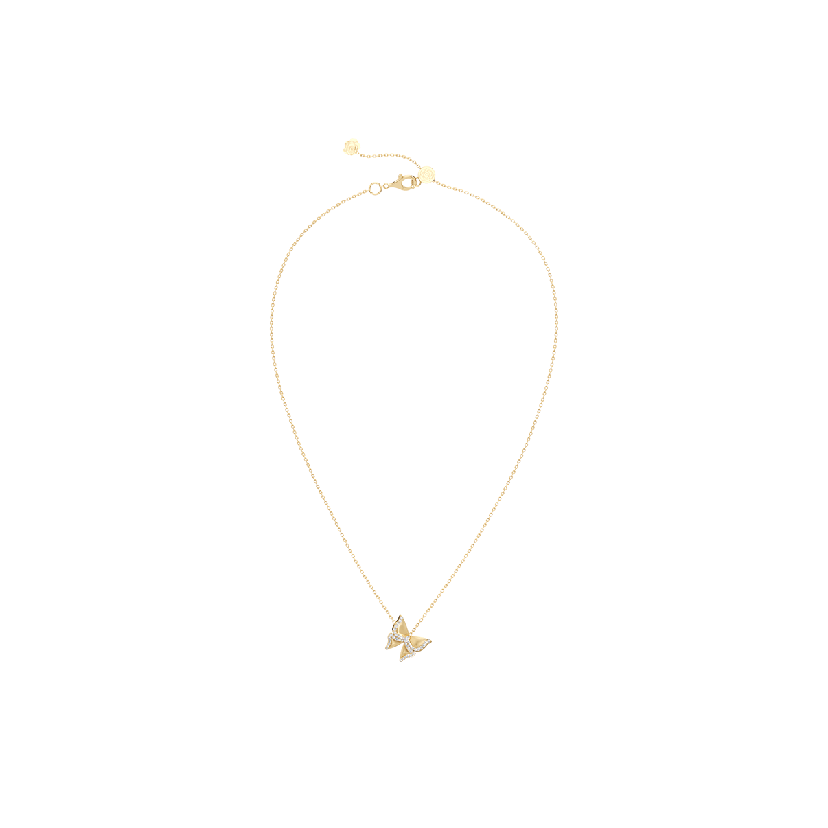 Gold butterfly necklace on a white background