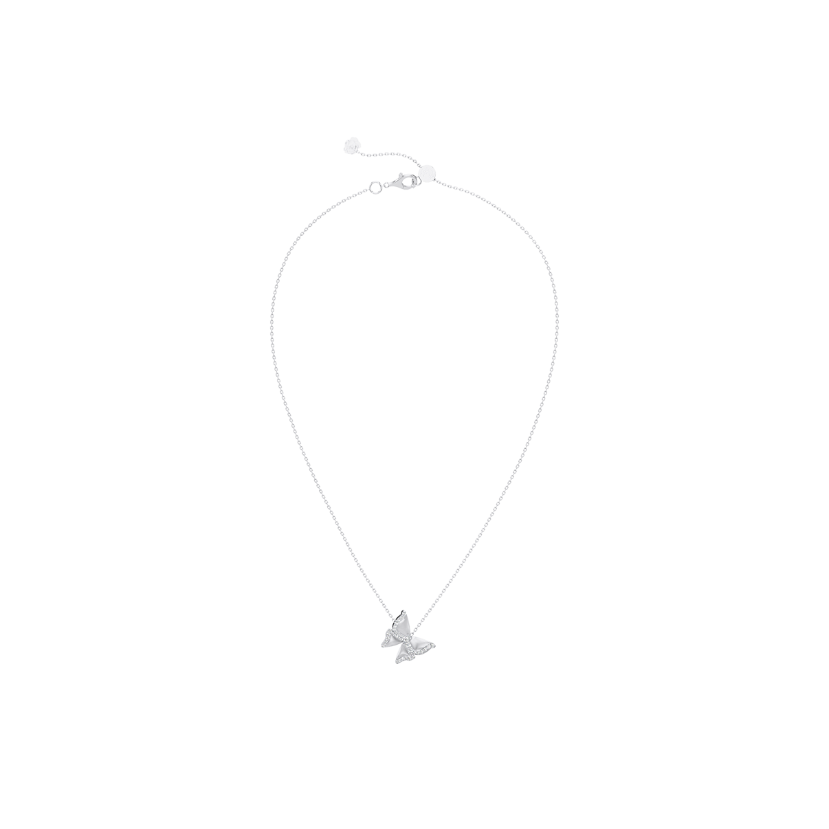 Silver necklace with a butterfly pendant on a white background