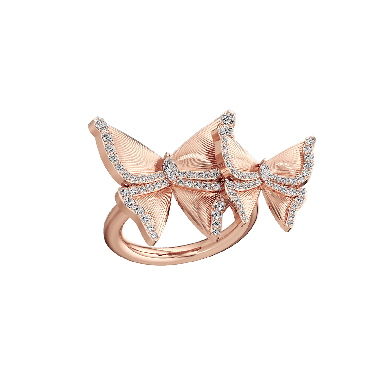 Rose gold ring with diamond accents on a white background