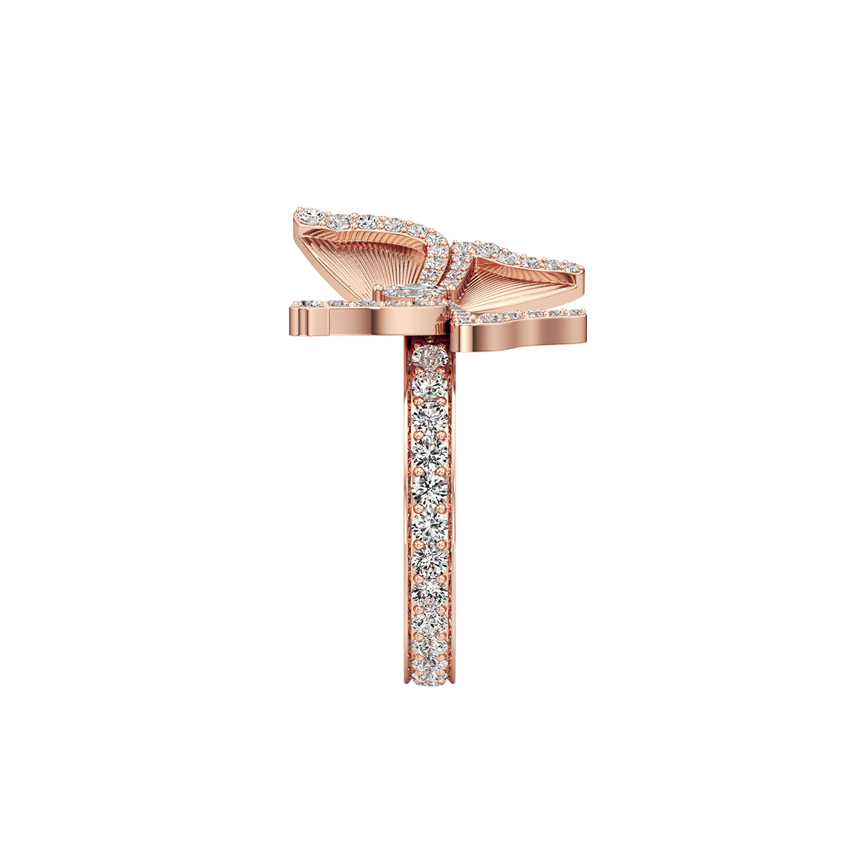 Rose gold bow-shaped ring with clear gemstones on a white background