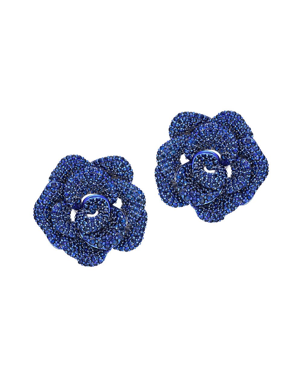 Pair of blue rose-shaped earrings on a white background