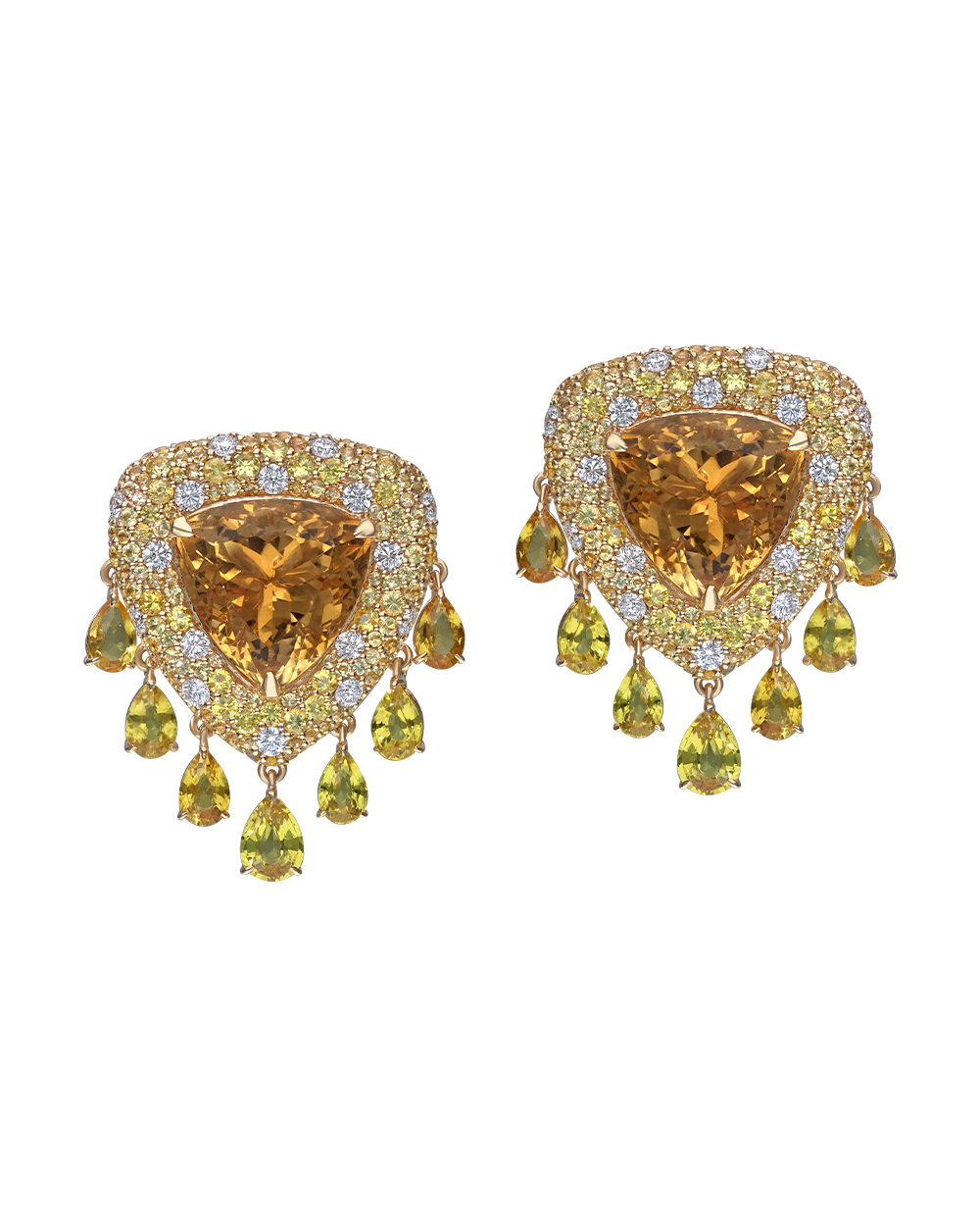 Pair of gold earrings with heart-shaped sapphire gemstones 