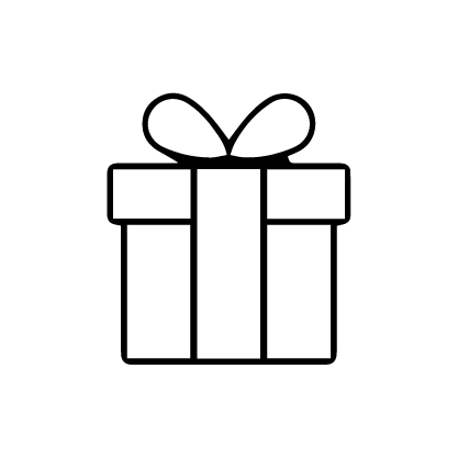 Black line drawing of a gift box with a bow on a white background