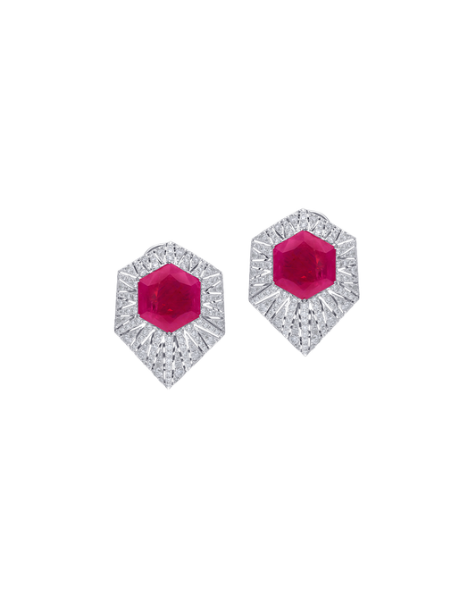Pair of earrings with ruby gemstones and diamond-studded halo on 